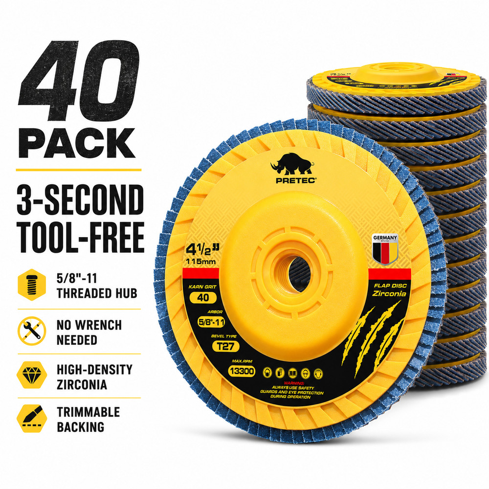 PRETEC 40 Pack 4.5″ Flap Discs 40 Grit Zirconia 5/8-11 Tool-Free Angle Grinder