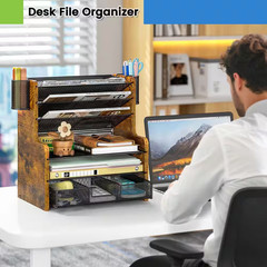 13.58 In. W X 15.04 In. H Brown Wood Metal Retro Mesh Desk Organizer with Drawer