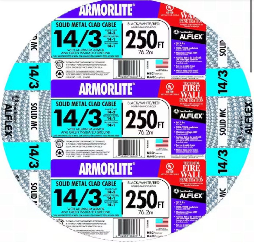 250 Feet Armorlite 14/3 With Ground Solid Copper MC Cable