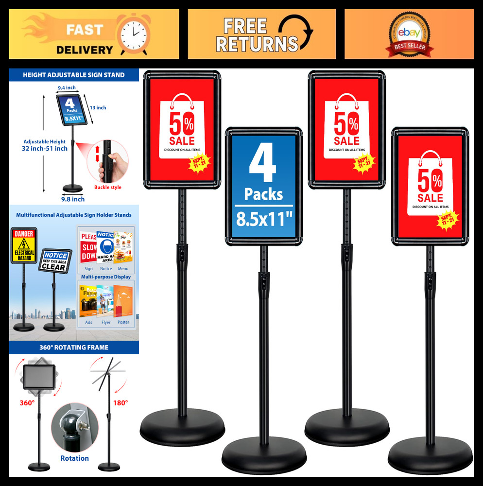 Adjustable 4-Pack 8.5×11 Inch Sign Holders – Floor Stand for Indoor/Outdoor Use