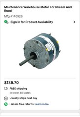 Maintenance Warehouse Motor For Rheem/Ruud Replacement Part MPN 140926