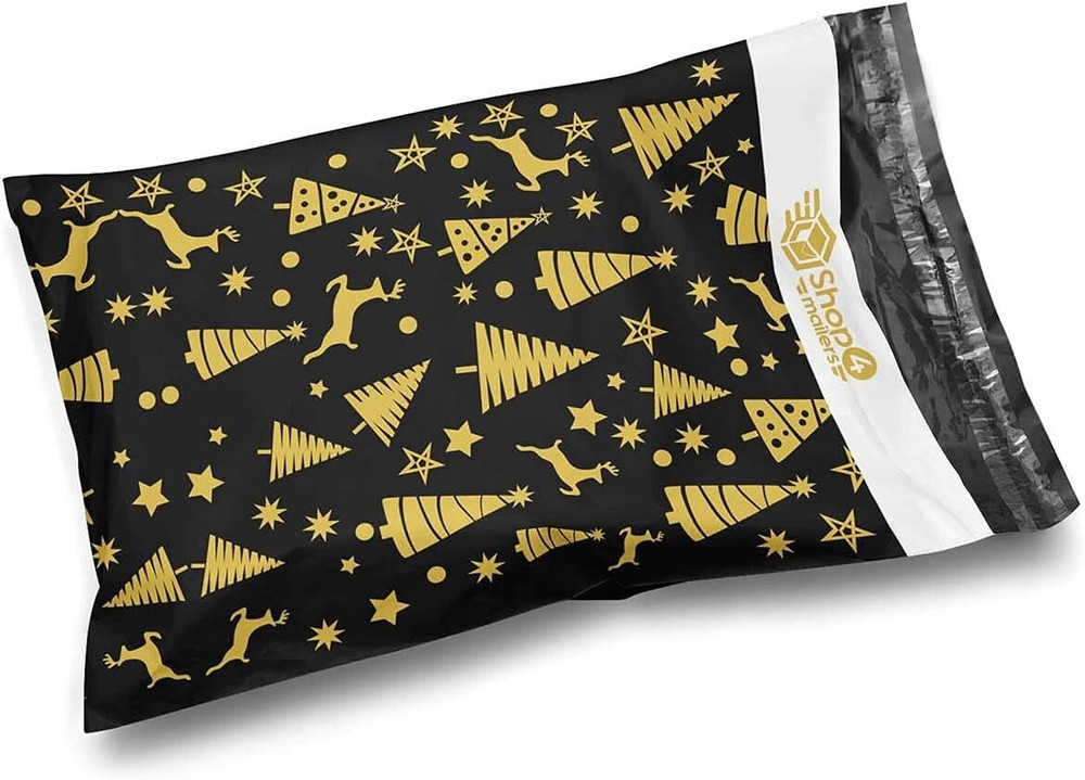 (25) 10×13 Designer Christmas Poly Mailers Black Gold Trees and Deer Envelopes