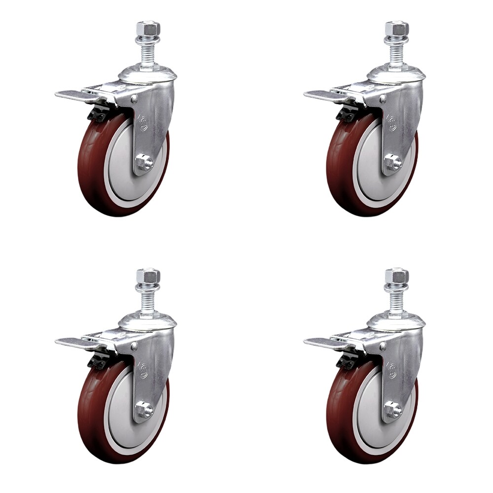 5 Inch Maroon Polyurethane Swivel ½ Inch Stem Caster Set with Total Lock Brake