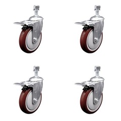 5 Inch Maroon Polyurethane Swivel ½ Inch Stem Caster Set with Total Lock Brake