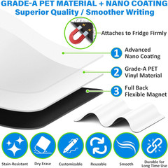 Magnetic Dry Erase White Board Sheet for Fridge 12X8 In, with Stain Resistant Te