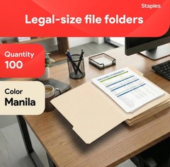 Staples Recycled File Folders, Legal Size, 1/3‑Cut Tabs, 100 Pack, Manila