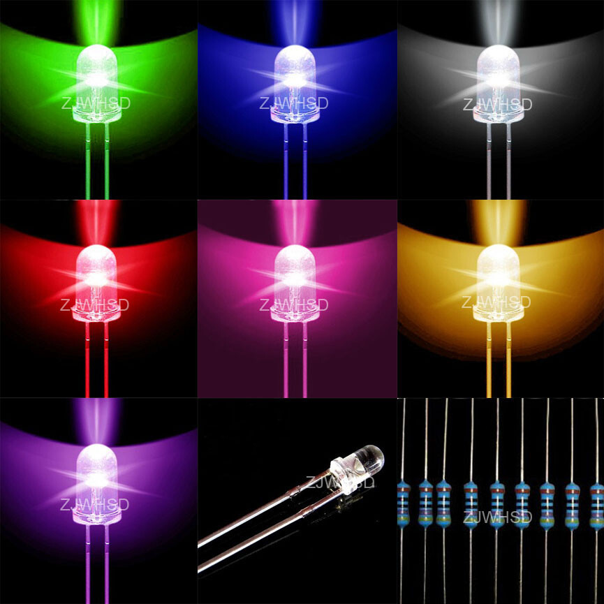 70×5mm Mixed Red Green Blue Yellow Purple Pink White LED Light 90 Metal Resistor