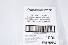 Pack of 100 NEW Fastenal 0660189 10”W x 12”L 4mil Clear LDPE Reclosable Bags