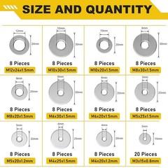 108Pcs 304 Stainless Steel Flat Washers, Fender Washers Assortment Kit 12 Sizes