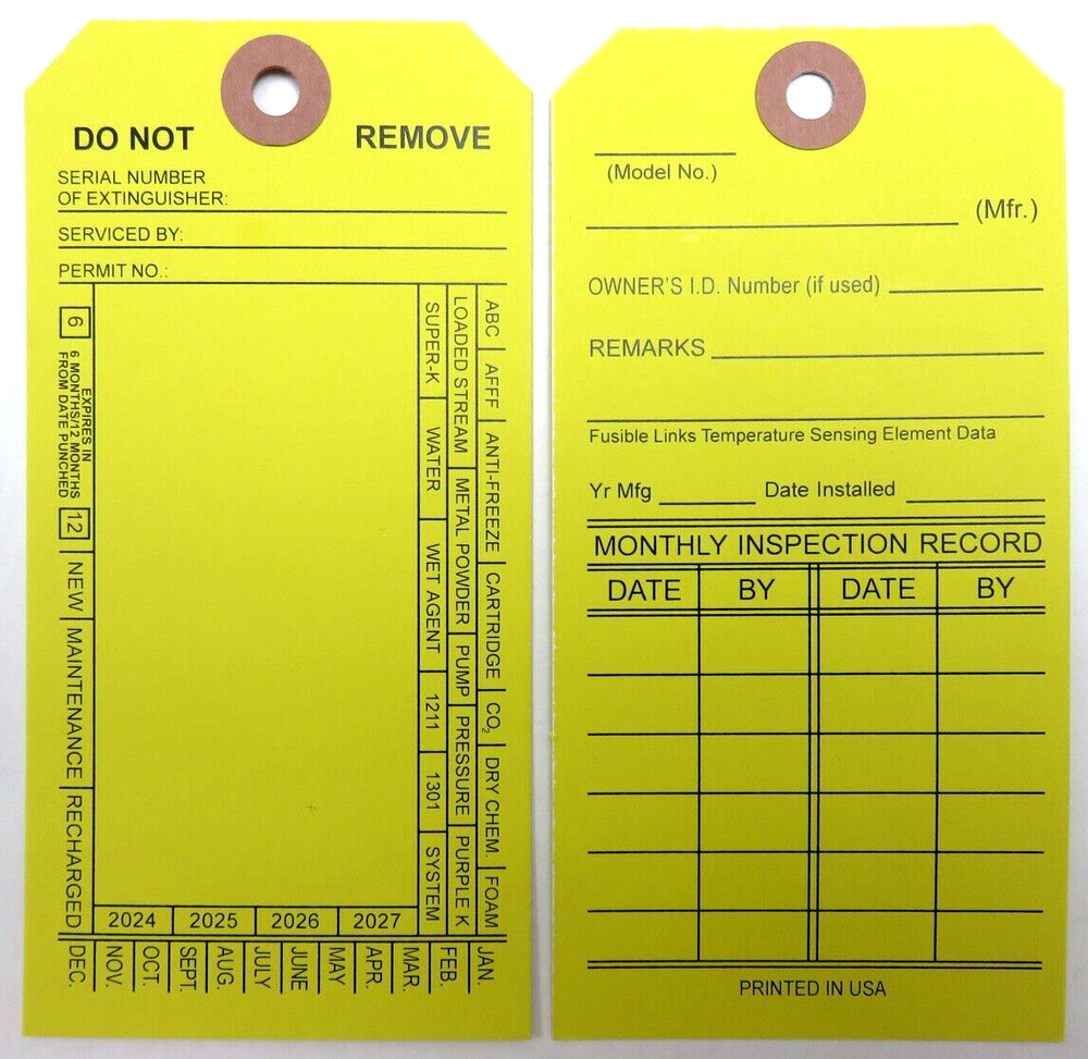 100-FIRE EXTINGUISHER 4-YEAR 2024-2027 INSPECTION Double Sided Tags 5 1/4 X 2 ½