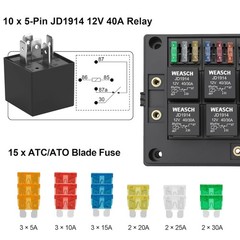 12V Automotive Fuse and Relay Box, with 12 AWG Pre-Wired, 10 Relays and 15 ATC/A