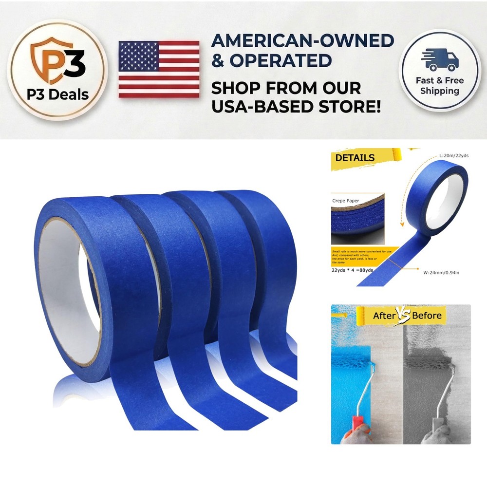 195ft Professional Blue Masking Tape, Acid-Free, Easy Removal – 4 Rolls