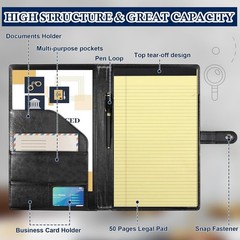 Legal Size Padfolio, 8.5 x 14 in, 50-Sheet, Black PU Leather, Pen Holder