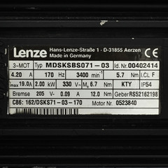 Lenze MDSKSBS071-03 Servomotor 330V~ 6.7Nm 170Hz 3400r/min 4.20A 2.00kW