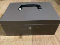 Vintage Huntlit-Ning File Box Tan Black Heavyweight Steel 10 x 7 x 4.5 in w Key