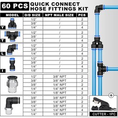 60 Pieces Push to Connect Fittings 1/8”, 1/4”, 3/8”, 1/2” for Air Line Tube, Qui