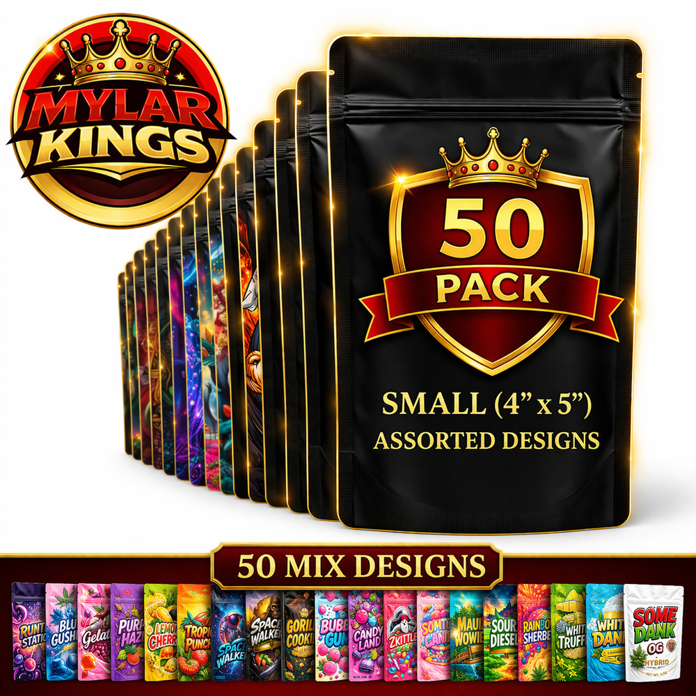 50 Pack 3.5g Smell Proof Foil Mylar Bags 4” x 5” Mix Designs Zip Bags