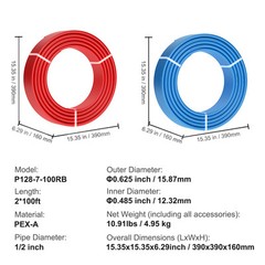 VEVOR PEX-A Tubing 2 Rolls 1/2in x 100ft Blue & Red Pex Tube for Potable Water