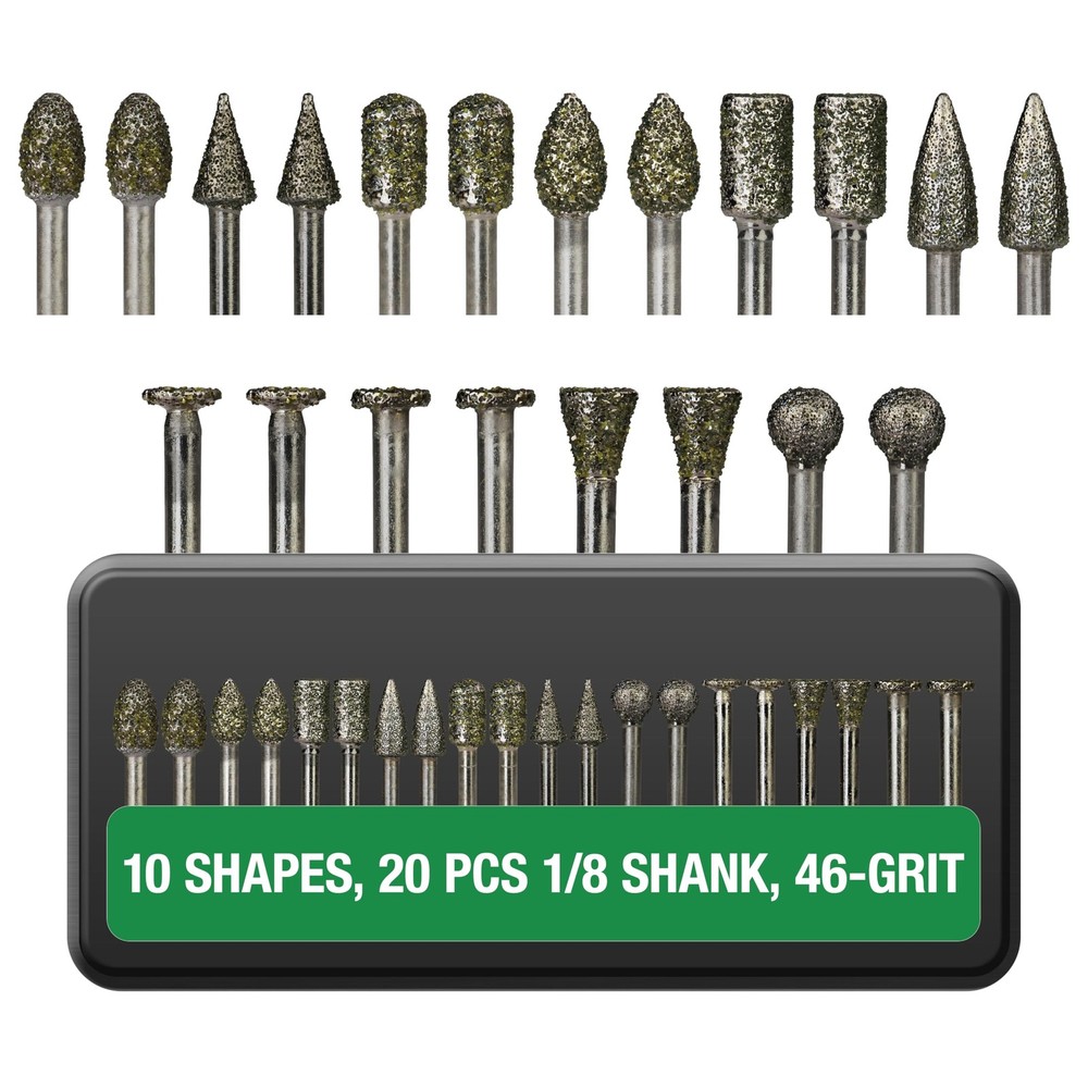 Staten Tools 20Pcs 46-Grit Diamond Burr Bits, 1/8″ Shank – Compatible