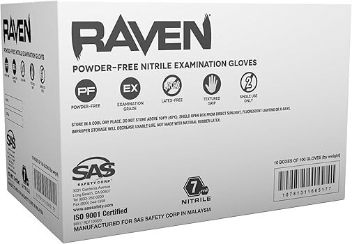 SAS Raven Black Nitrile Gloves Powder Free 7mil (10/Boxes of 100) (2XL)