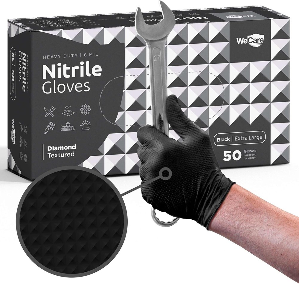 Black 8 Mil Nitrile Gloves X Large 50 Pack – Heavy Duty Mechanic Gloves, with