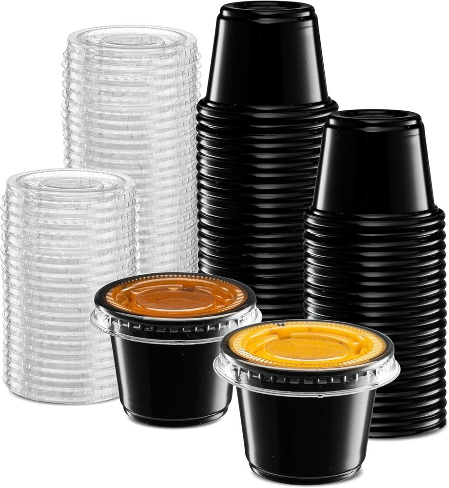 1 oz Plastic Black Disposable Portion Cups with Lids Sauce Souffle Cup