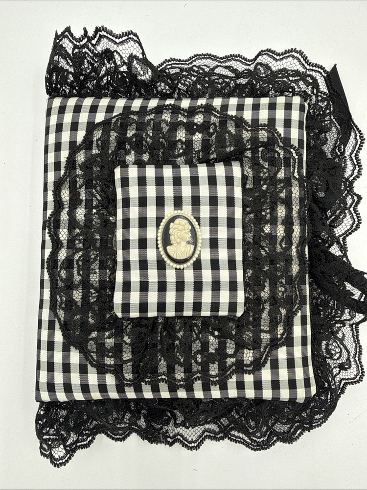 Vintage 1990s Black White Gingham Lace Address Book Cameo Victorian Gothic NOS