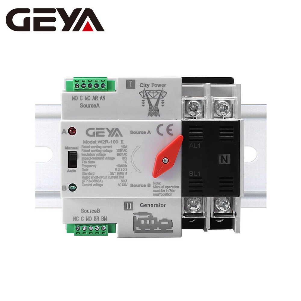 GEYA Automatic Transfer Switch 2P 100A 110V Grid to AC Generator Dual Power RAIL