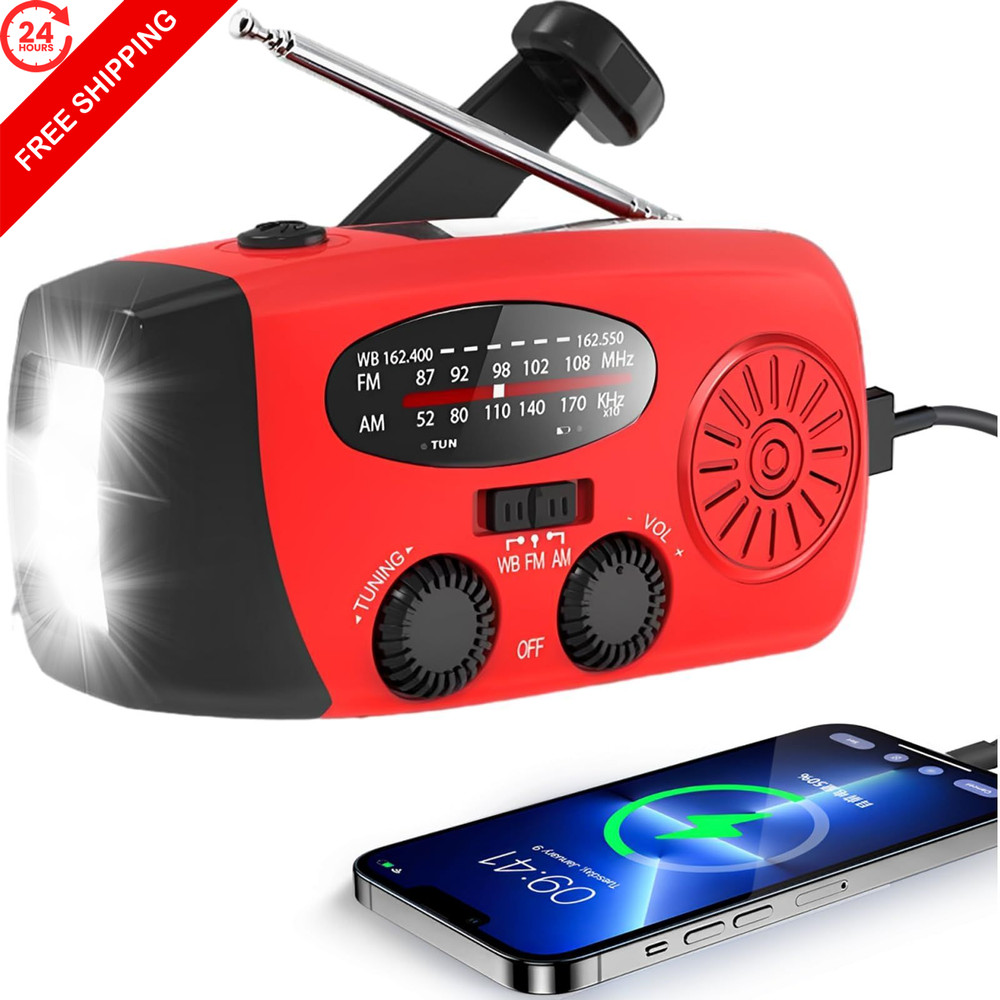 NOAA Solar Hand Crank Emergency Weather Radio with Built-in 2000mAh red