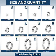 82 Pcs Single Ear Hose Clamps, 11 Sizes 5.8-38.1Mm 304 Stainless Steel Ear Crimp