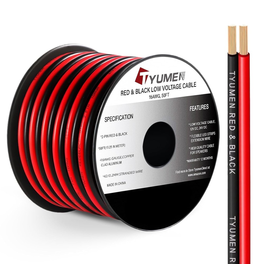 16AWG 50FT Red Black Wire 16/2 DC Cable LED Strip Auto Extension Cord