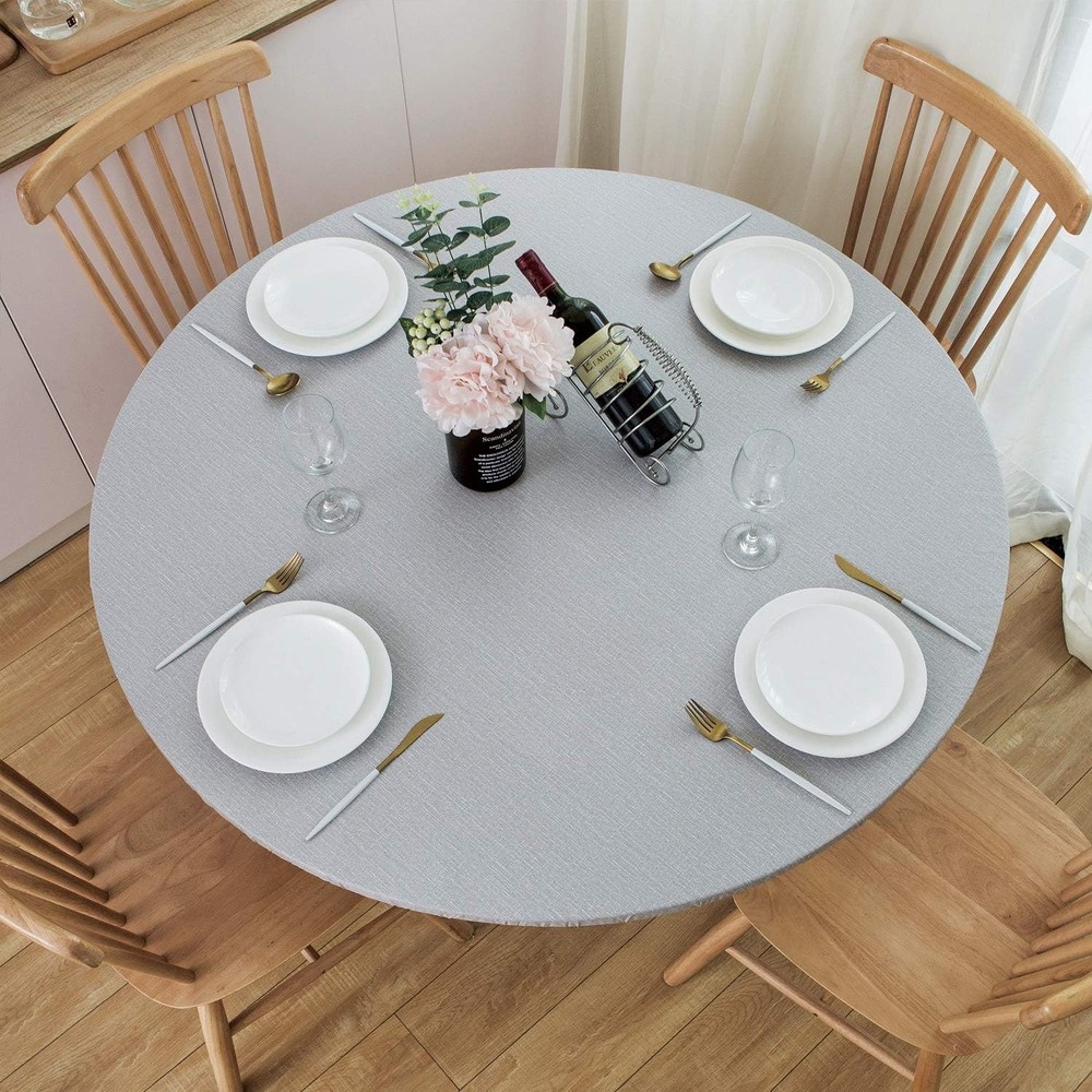NLMUVW Round Vinyl Tablecloth with Elastic Edge Flannel Backing, Fitted PVC