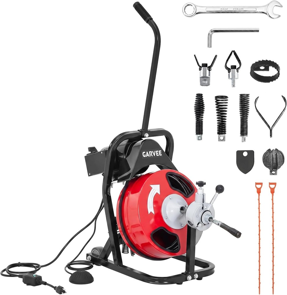 50ft x 3/8″ Electric Drain Cleaner Machine Auto Feed 4 Cutter Sewer Snake Auger