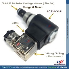 DIN 43650 AC Type-A 3 Prong Solenoid Connector Plug w/LED Light for AC 110 220v