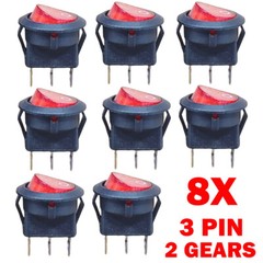 8x For SPST 3 Pin ON/OFF Round Rocker Switch With Red Neon Lamp 10A/125VAC NEW