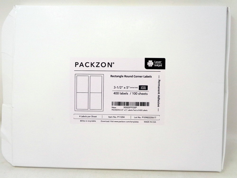 PACKZON 400-Labels 3.5×5 Rounded Corner Self Adhesive 4-Labels/Sheet (NEW)