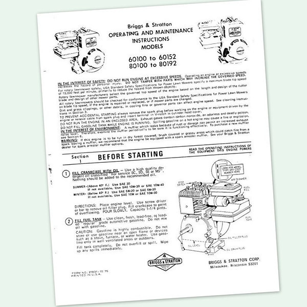 Briggs And Stratton 2Hp Engine 60100 To 60152 Operators Manual Operating Points