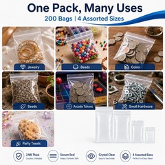 200 Pack Small Plastic Bags For Jewelry, Mini Baggies 4 Assorted Sizes. 2×3 3…