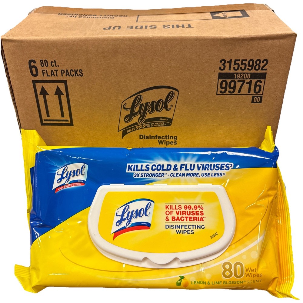 Lot Of (6) 80ct Flat Packs Lysol Lemon & Lime Blossom Scent Disinfecting Wipes