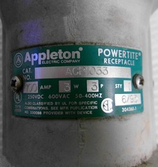 Appleton ACR1033 Pin & Sleeve Receptacle 100A 3W 3P 250VDC 600VAC 50-400Hz