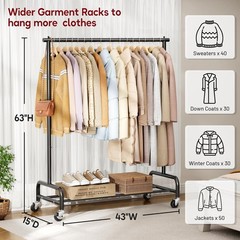 Heavy Duty Metal Clothing Rack 43W Rollers for Coats Shirts Dress Storage