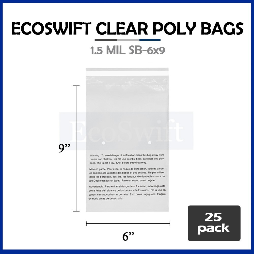 25 6×9 Self Seal Suffocation Warning Clear Poly Bags 1.5 mil 6 x 9 Free Shipping