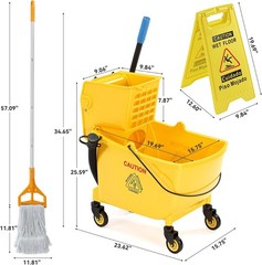 38 Qt Commercial Mop Bucket with Side Press Wringer on Wheels & Mops Set
