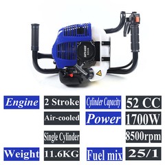 52CC 1700W Gas Powered Earth Auger Post Hole Digger Borer Fence Ground & 2 Bits