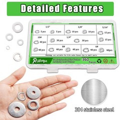 360 Pcs Flat Washer and Spring Lock Washers Assortment Kit7 SAE Sizes Washers