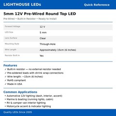 20 x Pre wired 12v 5mm Red LEDs Prewired 12 volt DC LED Car 10v 11v 13v 14v 15v