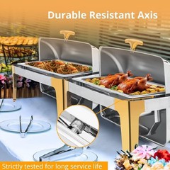 Elegant Gold Stainless Steel Roll Top Chafing Dish Set, 9 QT Buffet Server New