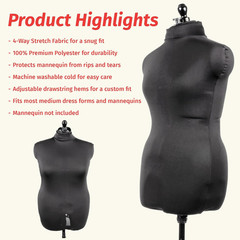 Dress Form Cover, Medium, Black, 100% Polyester 4-Way Stretch Fabric, Protects a