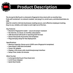 BioTouch Fingerprint Time Clock – Acroprint – No Monthly Fee, USB & Secure Log