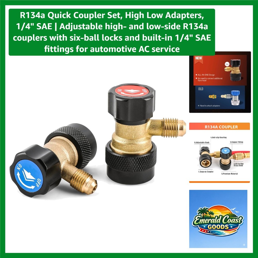 Professional R134a Quick Coupler Set with Adjustable High/Low Adapters 1/4″ SAE